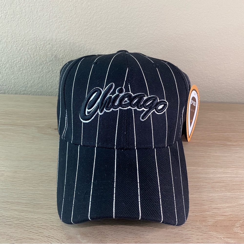 Windy City Chicago Black White Pin Stripe Ball Cap Baseball Hat Strap Back Tyvis